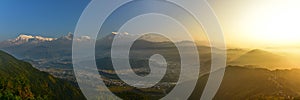 Panorama sunrise view of Annapurna & Himalaya mountain ranges from Sarangkot, Nepal