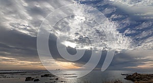 Panorama of the sunset in Caesarea, view on the Mediterranean Sea