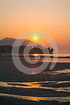 Panorama of sunset on Koh Pha Ngan island, Thong Sala beach, Thailand