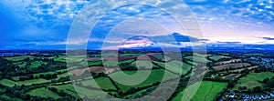 Panorama of Sunset over Torquay Meadows and Fields from a drone, Devon, England, Europe