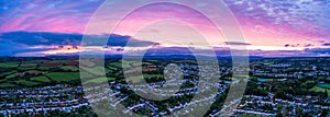 Panorama of Sunset over Torquay Meadows and Fields from a drone, Devon, England