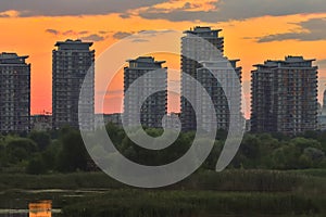 Panorama at sunset in the Vacaresti Delta from Bucharest