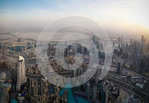 Panorama sunset view to Dubai skyscrapers, UAE