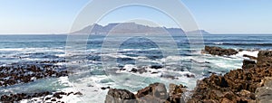 Panorama of Table Mountain, Cape Town, South Africa. Photographed on a summer`s day from Robben Island.