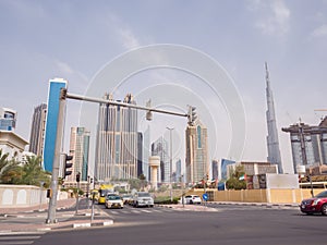 Panorama of tall Skyscrapers in skyline of Dubai.