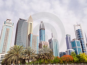 Panorama of tall Skyscrapers in skyline of Dubai.