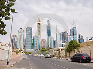 Panorama of tall Skyscrapers in skyline of Dubai.