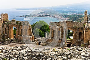 Panorama of Taromina bay from ancient greek theater in Taormina, Sicily