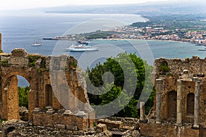 Panorama of Taromina bay from ancient greek theater in Taormina, Sicily