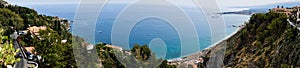 Panorama of Taromina city coast with Giardini Naxos in Sicily