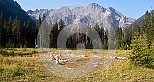 Panorama of Tatry mountains from meadow near Morskie Oko lake