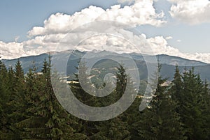 Panorama of Tatry mountains from wooden lookout on Susava hill