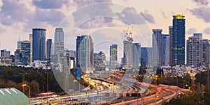 Panorama Of Tel Aviv Skyline City And Ayalon Freeway At Sunset