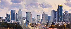 Panorama Of Tel Aviv Skyline City And Ayalon Freeway At Sunset