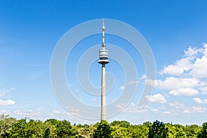 Panorama of Television and Communication Tower ger.: Donauturm in Danube Park in Donau City, Vienna, Austria, Europe photo