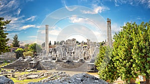 Panorama of the Temple of Apollo in Didim on summer day