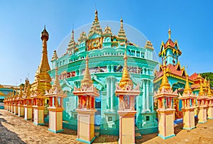 Panorama with temple and pagoda of Thanboddhay monastery, Monywa, Myanmar