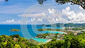 Panorama of Three Bay Viewpoint, Karon, Kata and Kata Noi Beach are popular tourist destinations in Phuket, Thailand