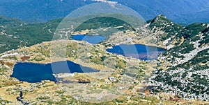 A panorama of three Rila lakes in Bulgaria