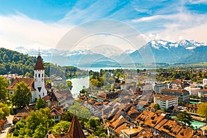 Panorama of Thun city with Alps and Thunersee lake, Switzerland.