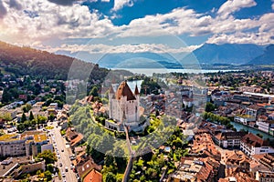 Panorama of Thun city with Alps and Thunersee lake, Switzerland. Historical Thun city and lake Thun with Bernese Highlands swiss