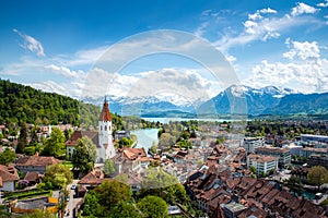 Panorama of Thun city  in the canton of Bern with Alps and Thunersee lake, Switzerland