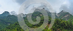 Panorama of the Tianmen mountain covered in fog