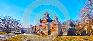 Panorama of the timber Resurrection Church, Polissya region architecture, Pyrohiv Skansen, Kyiv, Ukraine