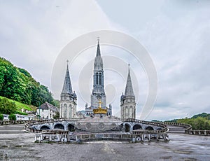 Panorama to Basilica of the Virgin Mary of Rosaire, Lourdes. photo