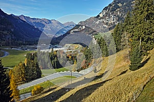 Panorama to road in Swiss Alps near Bluemlisalp peak, Switzerland