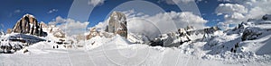 Panorama with Tofane, Cinque Torri and Croda da Lago Lastoni di Formin mountain group in the Italian Dolomites, Cortina d`