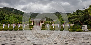 Panorama of Tongiljeon Complex, entrance square with monument inside beautiful nature. Heritage of former Capital Gyeongju, South