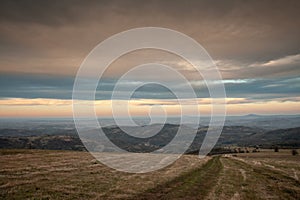 Panorama of the top and summit of Vrh Rajac moutain at dusk in autumn. Rajac is a mountain of Sumadija in Serbia, part of the