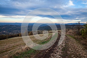 Panorama of the top and summit of Vrh Rajac moutain at dusk in autumn. Rajac is a mountain of Sumadija in Serbia, part of the