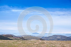 Panorama of the top and summit of Vrh Rajac moutain at dusk in autumn. Rajac is a mountain of Sumadija in Serbia, part of the