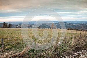 Panorama of the top and summit of Vrh Rajac moutain at dusk in autumn. Rajac is a mountain of Sumadija in Serbia, part of the