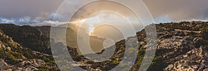 Panorama on top of Table Mountain and 12 Apostles at sunset