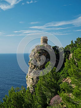 Panorama of Torre del Verger historic watch tower mediterranean sea coast shore Banyalbufar Mallorca Balearic Spain