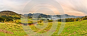 Panorama with a tourist hut in Sudetes, Poland