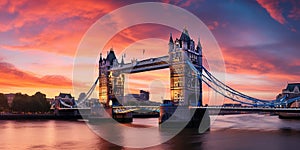 Panorama from the Tower Bridge to the Tower of London, United Kingdom, during sunset