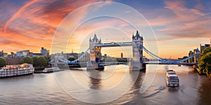 Panorama from the Tower Bridge to the Tower of London, United Kingdom, during sunset