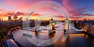 Panorama from the Tower Bridge to the Tower of London, United Kingdom, during sunset