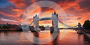 Panorama from the Tower Bridge to the Tower of London, United Kingdom, during sunset