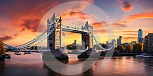 Panorama from the Tower Bridge to the Tower of London, United Kingdom, during sunset