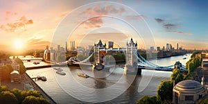 Panorama from the Tower Bridge to the Tower of London, United Kingdom, during sunset