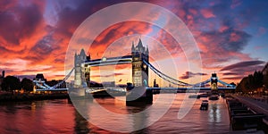 Panorama from the Tower Bridge to the Tower of London, United Kingdom, during sunset