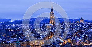 Panorama of the town center of Bern in winter blue hour