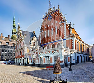 Panorama of the Town Hall Square with  famous Landmarks in Riga Old Town photo