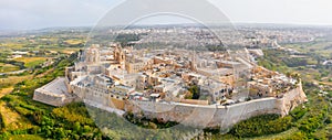 Panorama of the town of Mdina fortress aerial top view in Malta