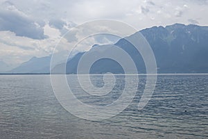 Panorama from town of Vevey to Lake Geneva, Switzerland